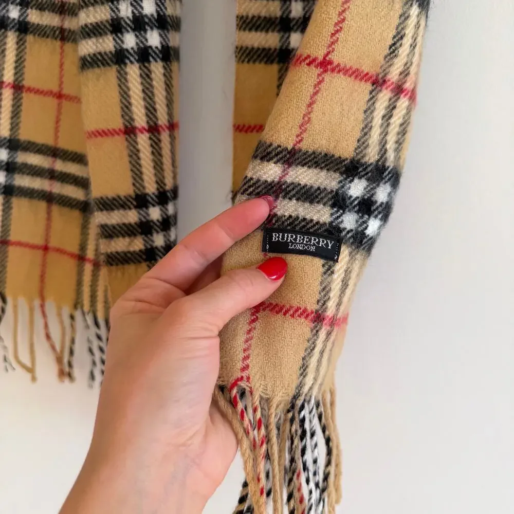 Burberry Nova Checkered Pattern Fringe Rectangle Scarf Brown One Size